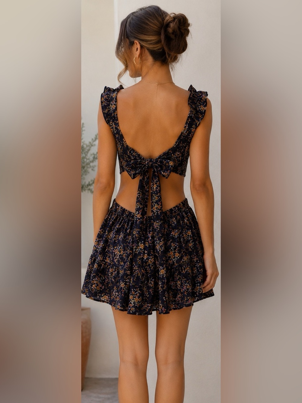 Cupshe Navy Blue Floral Backless Ruffle Mini Dress Resort